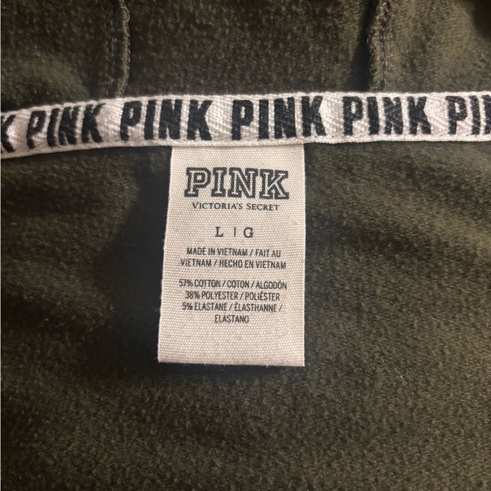PINK Victoria's Secret Ultimate Zip Up Hoodie Olive Green Varsity Stripe L - Picture 2 of 8